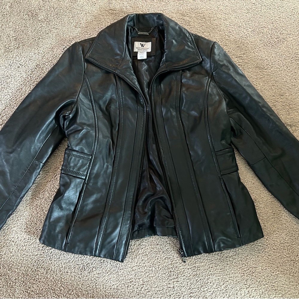 Women's Black Leather Jacket, Worthington Size S